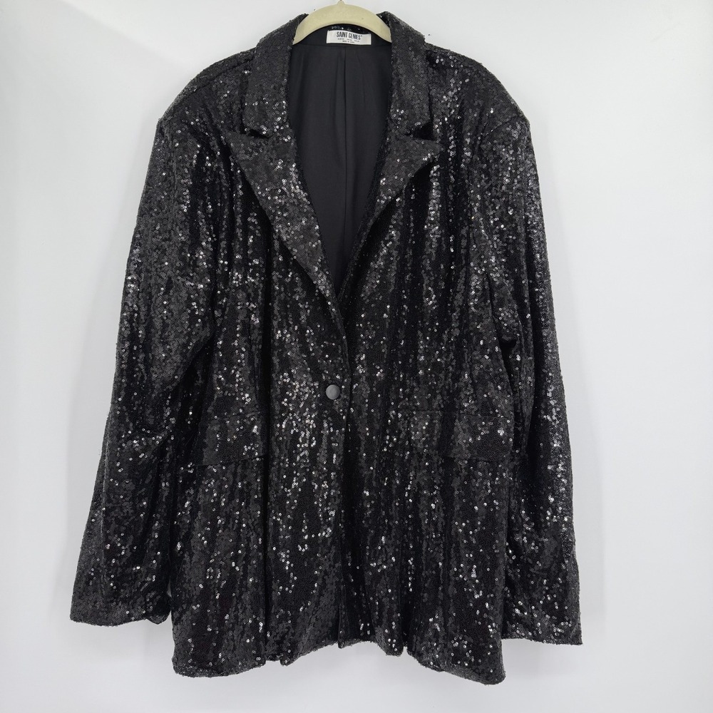 Saint Genies Womens Black Sequin Blazer Plus Size 22 Holiday Party NYE